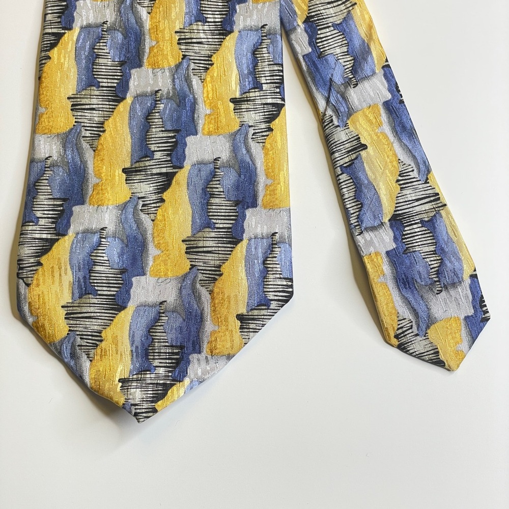 Cocktail Collection Vintage Wine Necktie Mens Blue Yellow Silk Abstract Mod Work